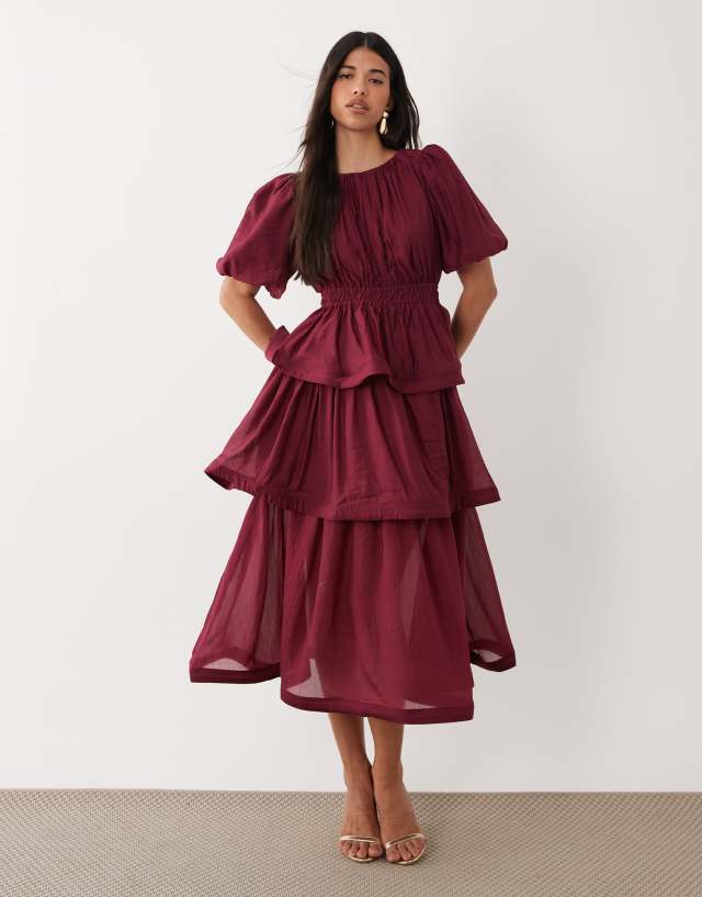tiered burgundy dress YAS - Maxi - Women - Viscose/Nylon Maker: Farnese How to sew chief ruffled trim Color:Camellia Jacquard Alice Blue