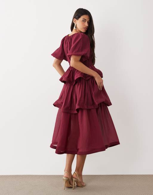 YAS – Premium – Voluminöses, gestuftes Maxikleid in Burgunderrot , 4 von 4
