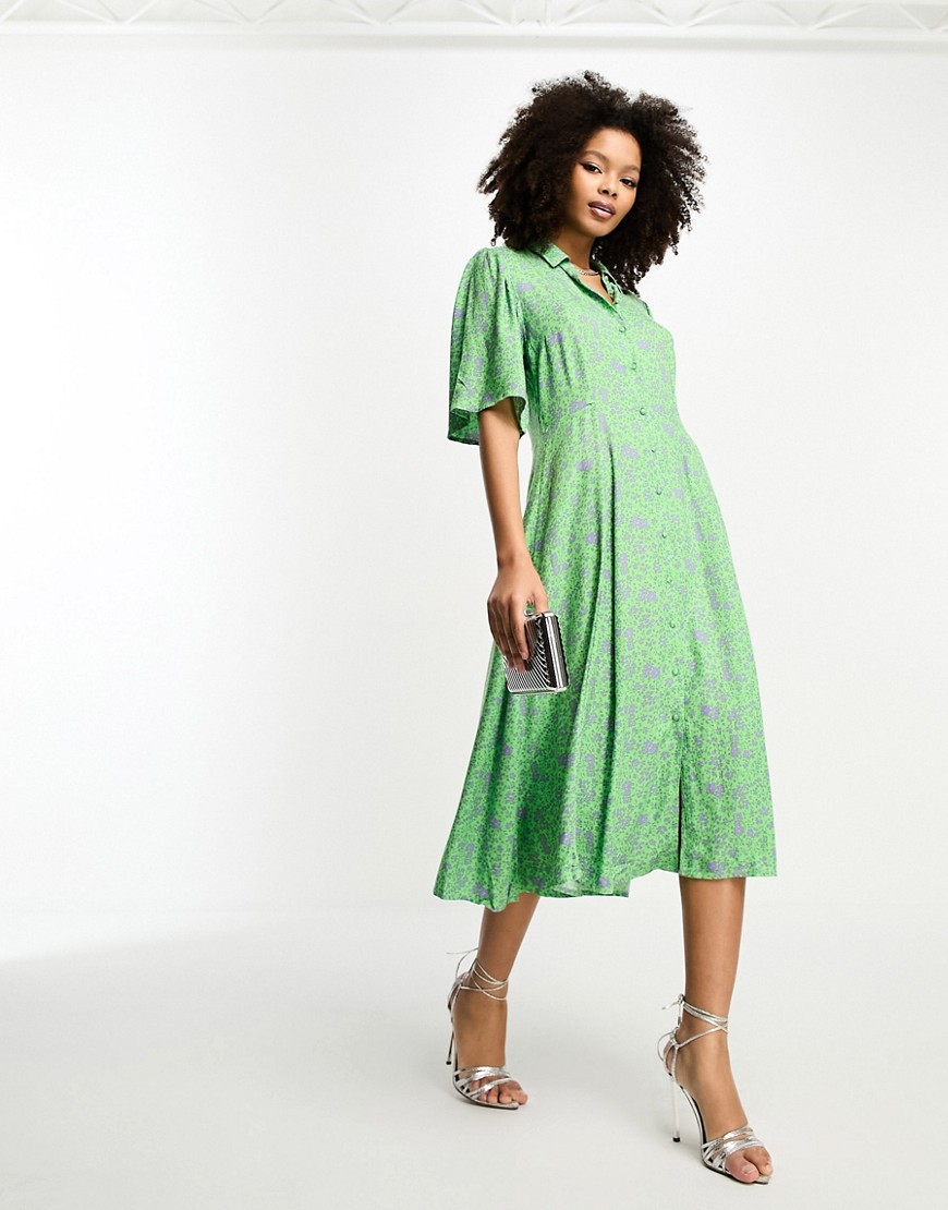 Y.a.s. Printed Shirt Midi Dress In Green And Lilac Florals
