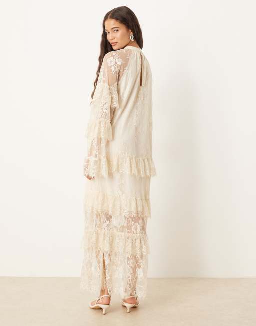 YAS – Prześwitująca warstwowa kremowa sukienka maxi z koronką w stylu boho , 2 z 4