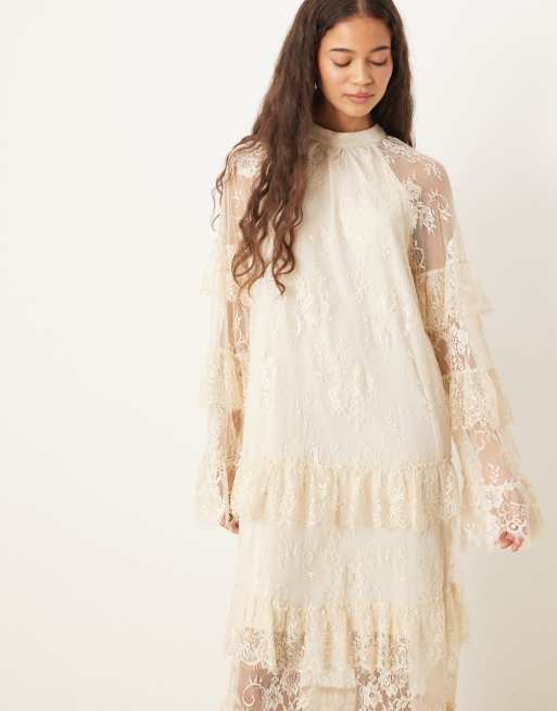 YAS – Prześwitująca warstwowa kremowa sukienka maxi z koronką w stylu boho , 4 z 4