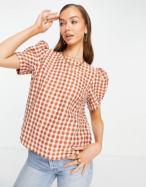 Y.A.S puff sleeve blouse in red & cream check