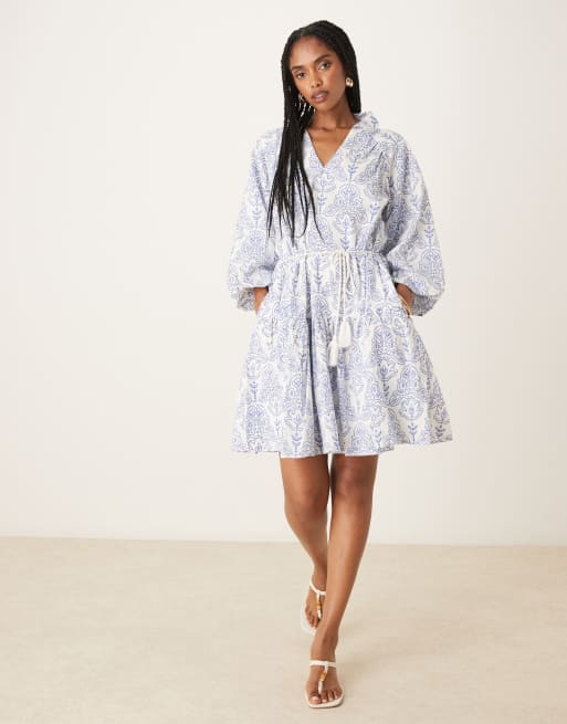 YAS puff sleeve boho mini dress with tie waist detail in blue and white  tile print | ASOS