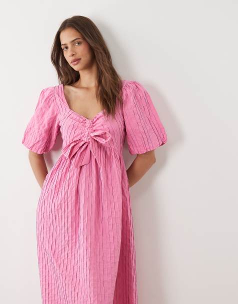 YAS puff sleeve bow front textured midi dress in pink
