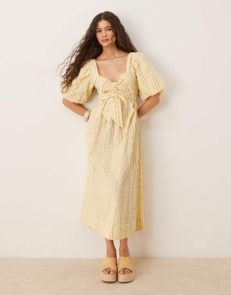 YAS puff sleeve bow front textured midi dress in yellow - view 1