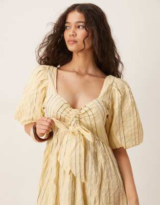 Y.a.s. Puff Sleeve Bow Front Textured Midi Dress In Yellow