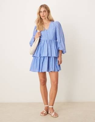 Y.a.s. Puff Sleeve Button Front Boho Mini Dress In Blue