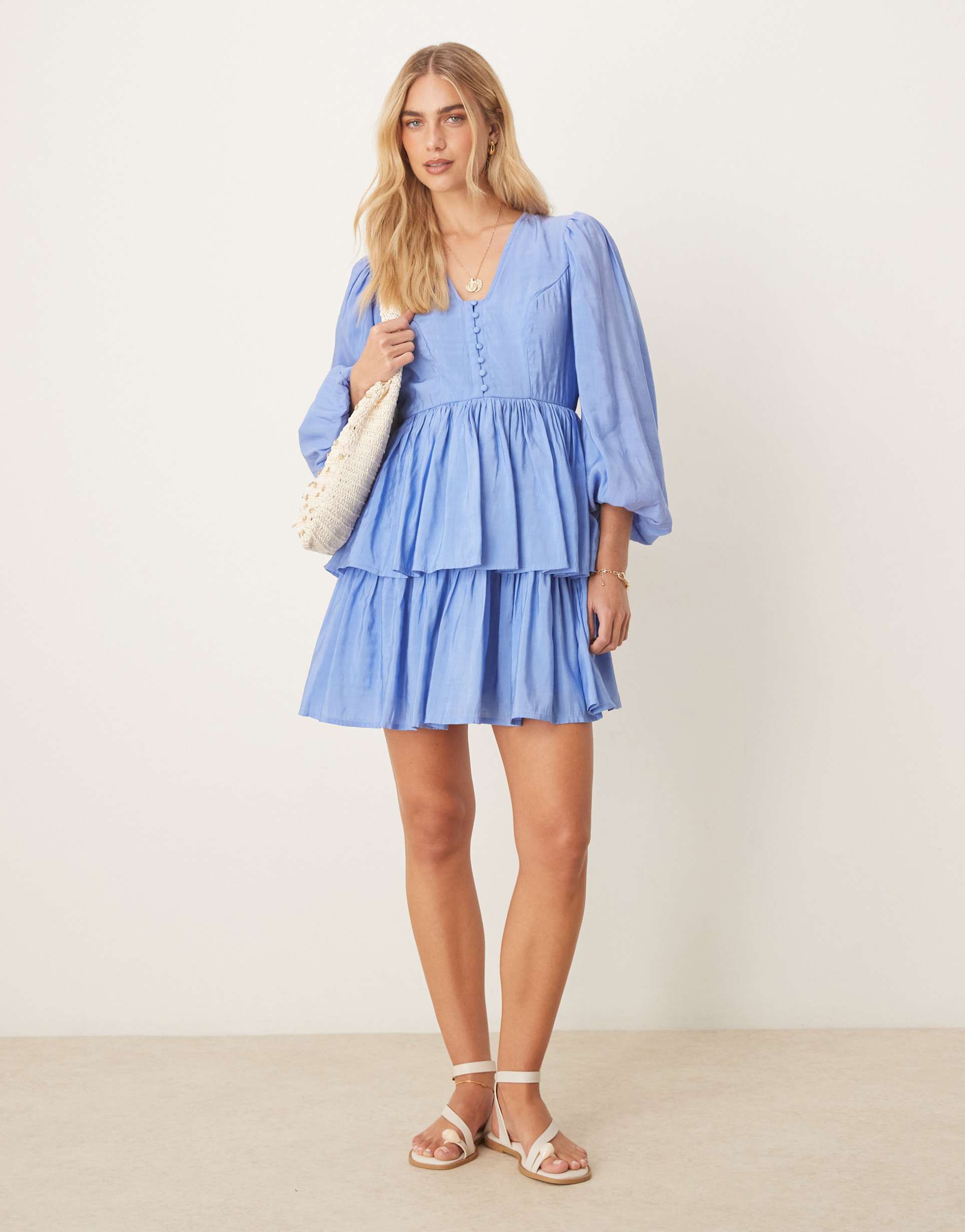 yas puff sleeve button front boho mini dress in provence blue