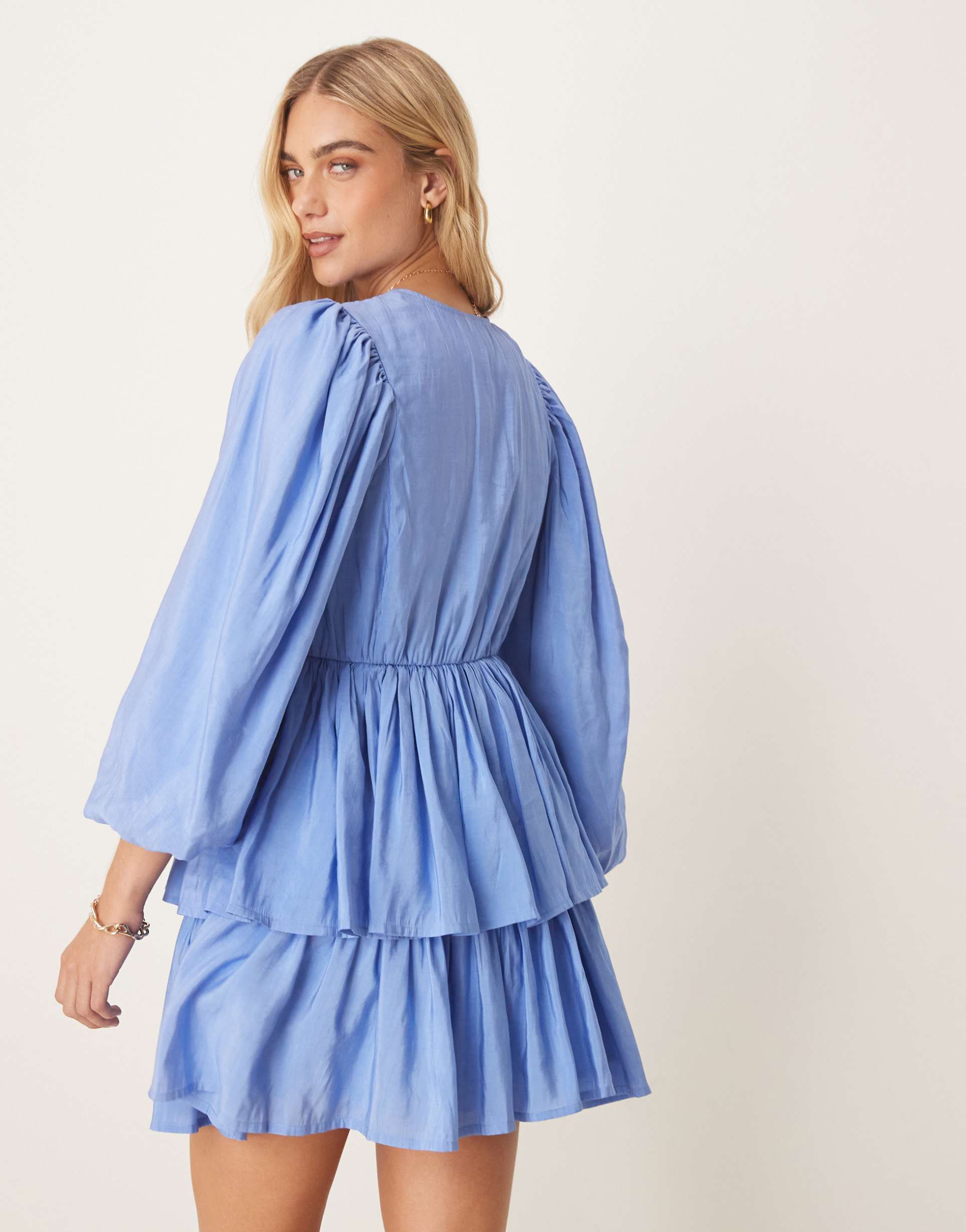 yas puff sleeve button front boho mini dress in provence blue