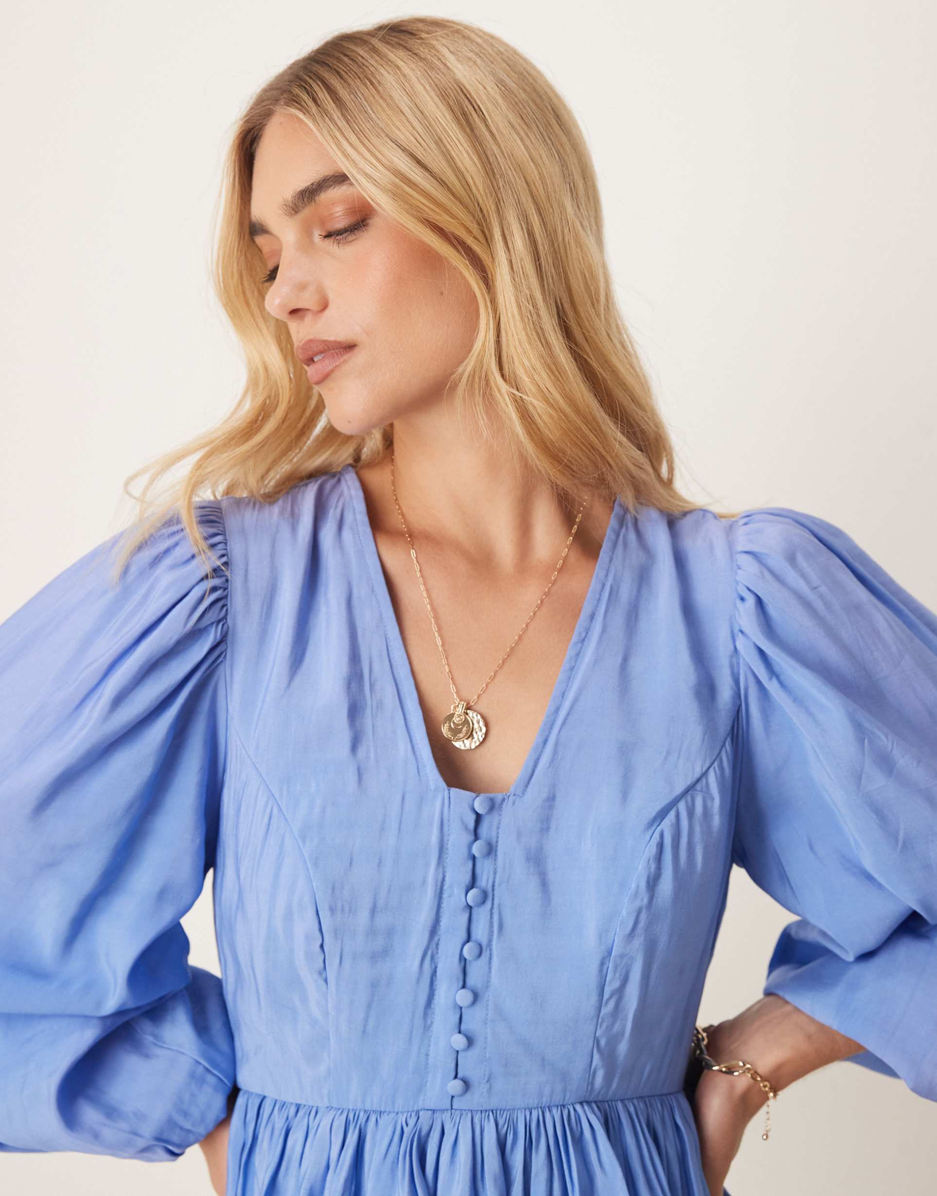 yas puff sleeve button front boho mini dress in provence blue