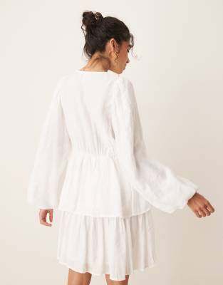 Y.a.s. Puff Sleeve Button Front Boho Mini Dress In White