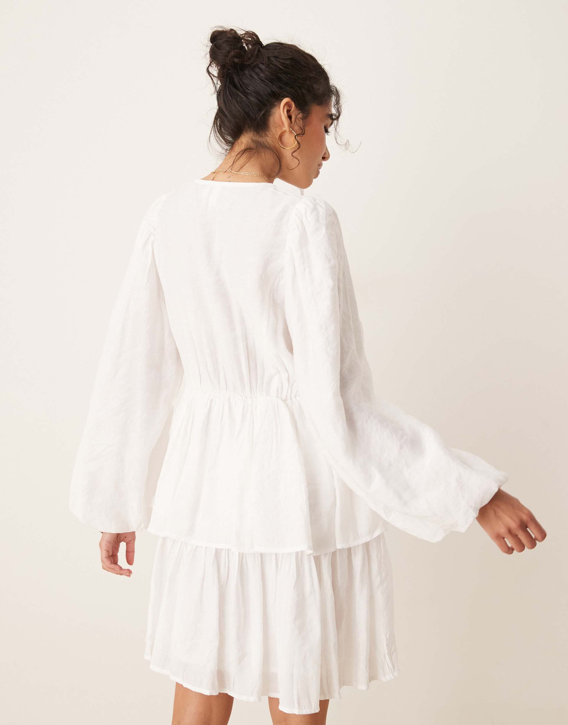 yas puff sleeve button front boho mini dress in white