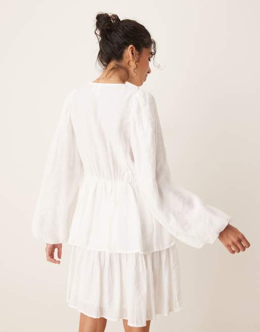 YAS puff sleeve button front boho mini dress in white, 2 of 4