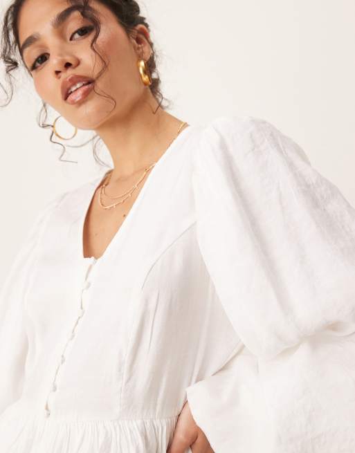 YAS puff sleeve button front boho mini dress in white, 3 of 4
