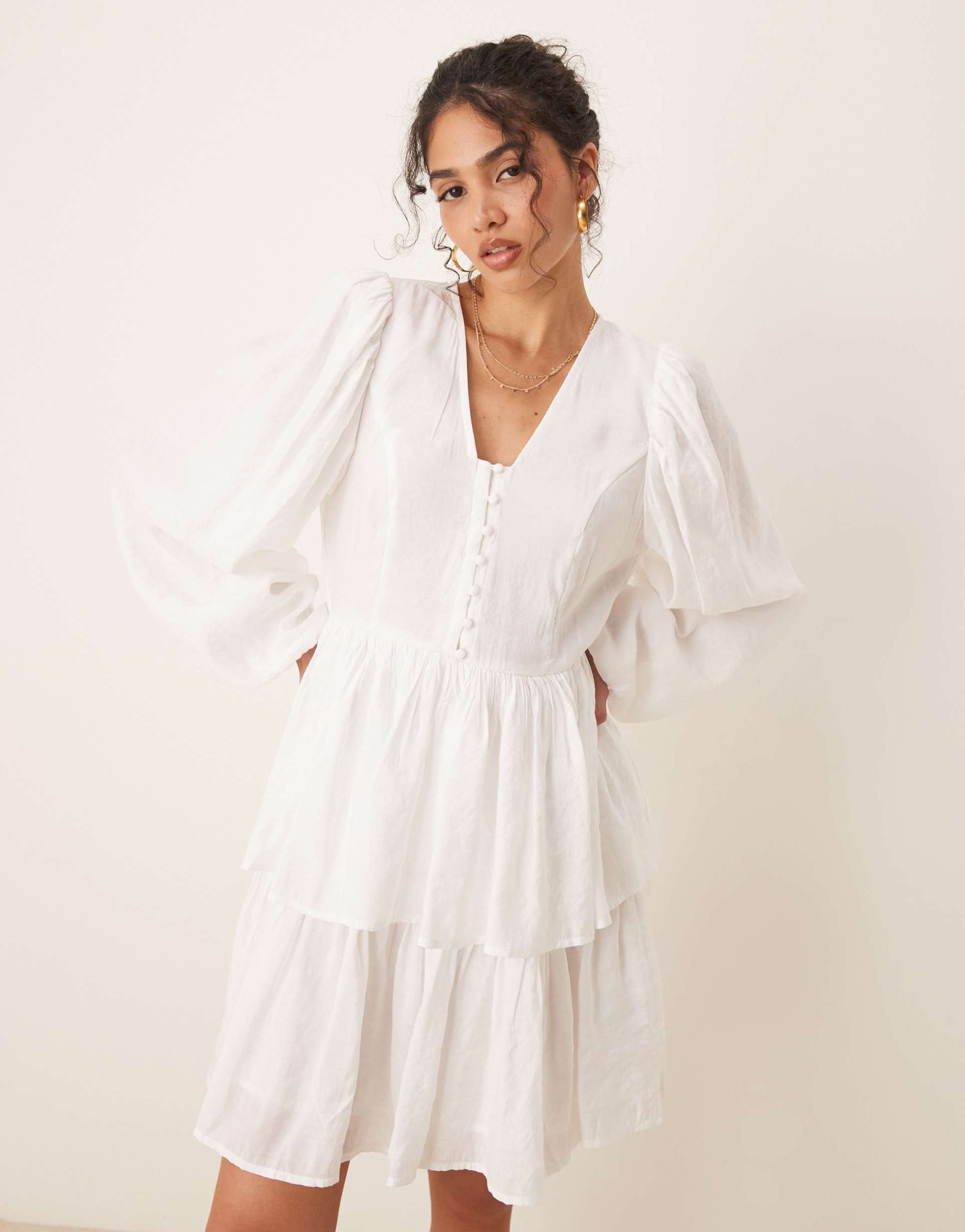 yas puff sleeve button front boho mini dress in white
