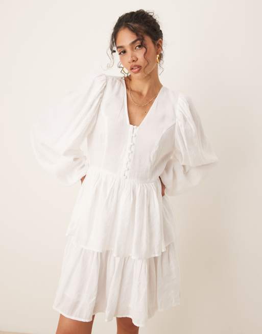 YAS puff sleeve button front boho mini dress in white, 4 of 4