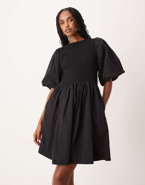 YAS puff sleeve cotton and jersey mini dress in black - view 1