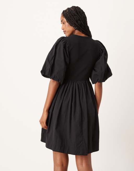 YAS puff sleeve cotton and jersey mini dress in black, 4 of 4