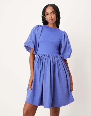Y.a.s. Puff Sleeve Cotton And Jersey Mini Dress In Blue
