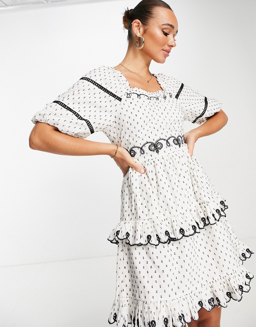 Y.a.s. Puff Sleeve Embroidered Mini Dress In White Polka Dot