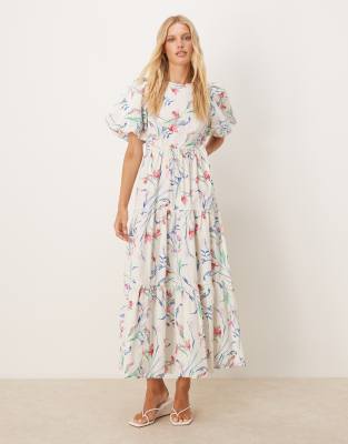 yas puff sleeve floral midi dress in cream