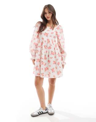 YAS Y.A.S puff sleeve floral print mini dress in pink rose print-White