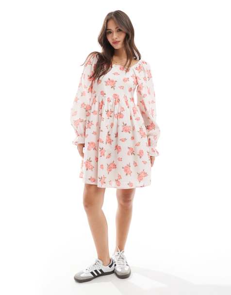 Y.A.S puff sleeve floral print mini dress in pink rose print - view 1