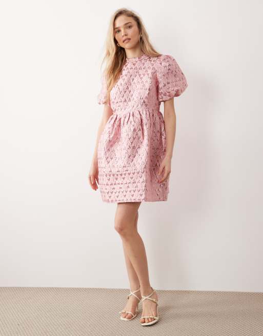 YAS puff sleeve heart jacquard mini dress in pink, 2 of 4