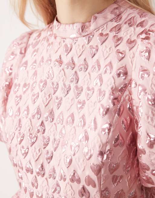 YAS puff sleeve heart jacquard mini dress in pink, 3 of 4