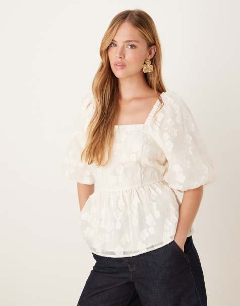 YAS puff sleeve jacquard woven top in cream - view 1