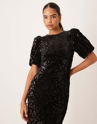 Y.a.s. Puff Sleeve Sequin Midi Dress In Black
