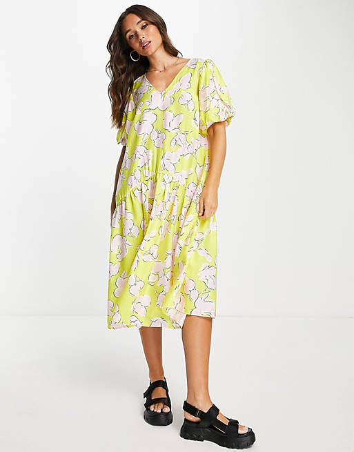 Y.A.S puff sleeve smock midi dress in yellow floral