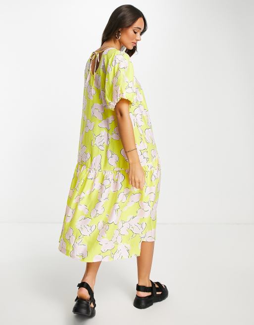 Y.A.S puff sleeve smock midi dress in yellow floral