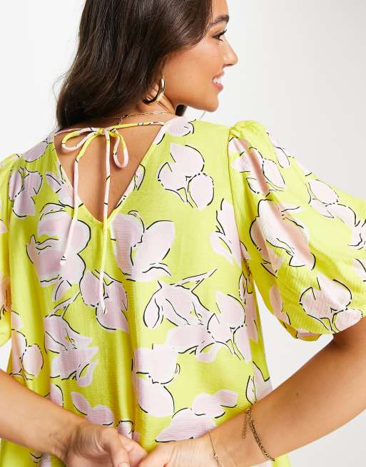 Y.A.S puff sleeve smock midi dress in yellow floral | ASOS