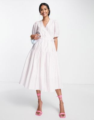 Y.A.S puff sleeve wrap midi dress in pink & white stripe