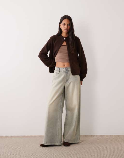 YAS pull en maille avec bouton martelé unique marron chocolat, 2 de 4
