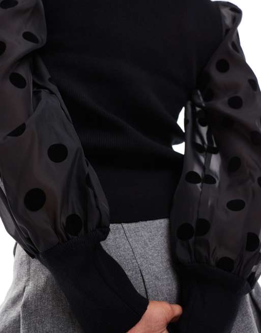 YAS - Pull en maille avec manches transparentes à pois - Noir, 3 de 4