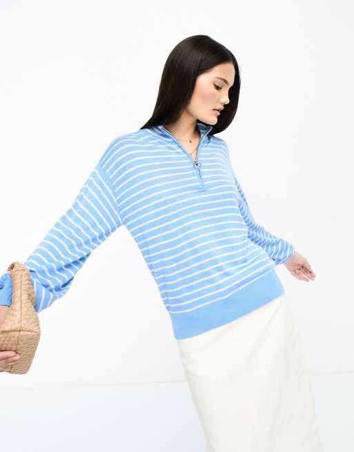 Y.A.S - Pull rayé à encolure zippée - Bleu