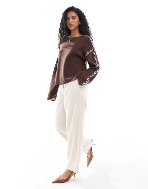 YAS – Pullover in Braun mit Kontrastnaht, 4 von 4