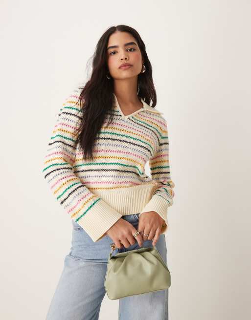 YAS - Pullover in maglia a righe multicolore con colletto stile polo