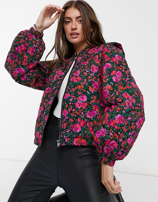 Y.A.S quilted bomber jacket in pink floral