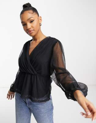 Y.a.s. Quinn Polka Dot Mesh Wrap Top In Black