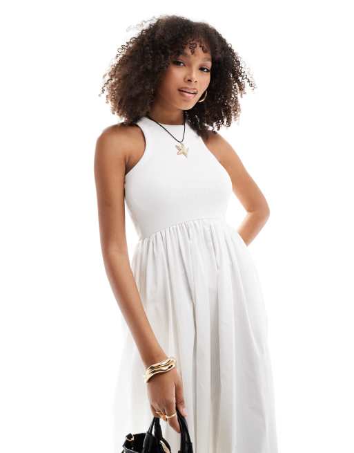 Y.A.S racer neck jersey and cotton hybrid maxi dress in white, 4 of 4