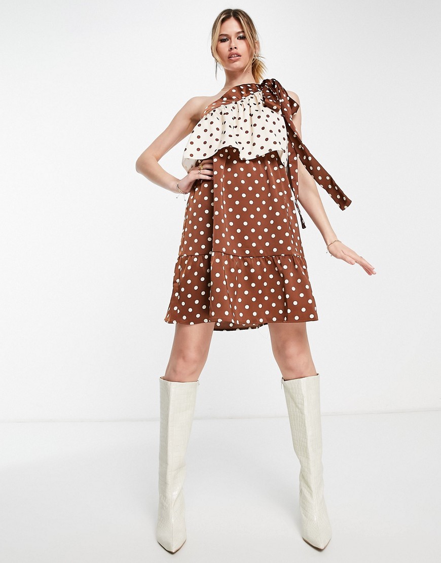 Y.A.S recycle blend one shoulder mini dress in chocolate polka dot-Brown