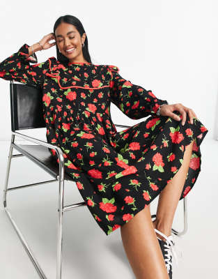 YAS Y.A.S removable statement collar midi dress in rose print-Multi