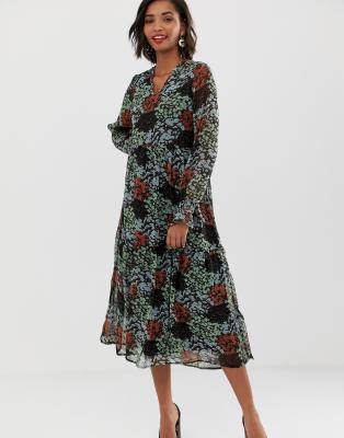 Y.A.S retro floral midi dress-Black