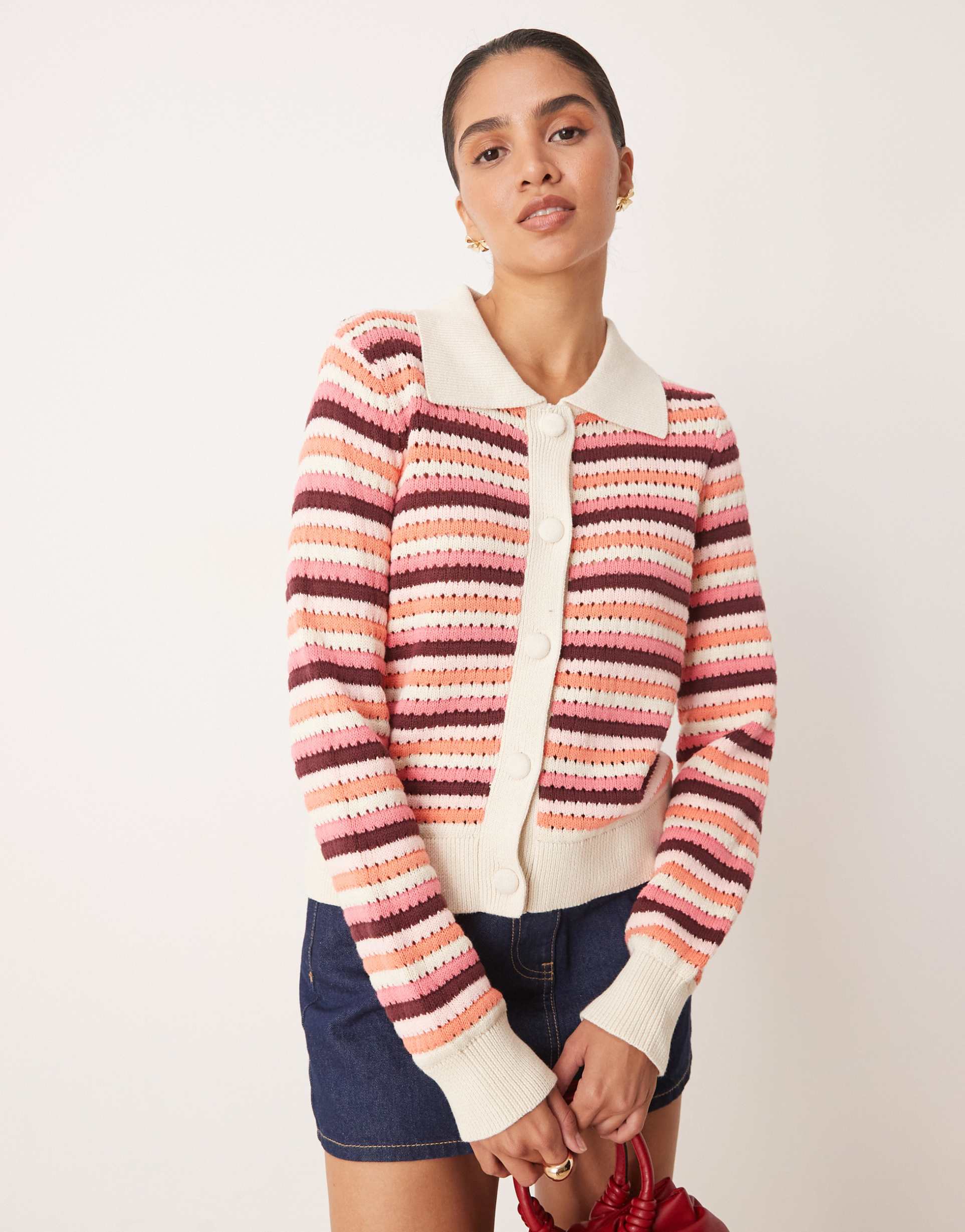 yas retro knit cardigan in pink and brown stripes