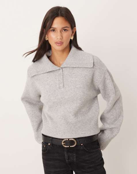 YAS rib knit polo shirt in medium heather gray - view 1