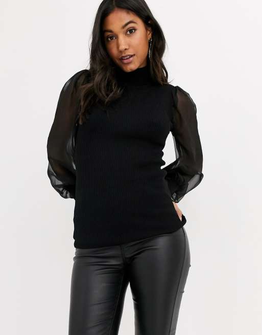 Y.A.S ribbed jumper with sheer sleeves in black ASOS