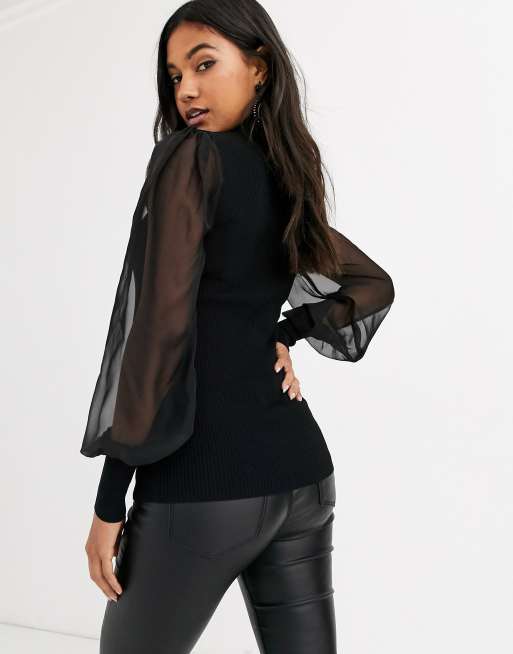 Y.A.S ribbed jumper with sheer sleeves in black ASOS